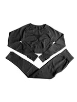 Black Long Sleeve Crop Back Hollow High Waist Yoga Suit